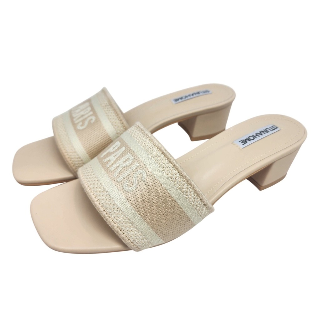 Stunahome Paris Woven Strap Block Heel Slide Sandals Beige Square Toe Women US 9